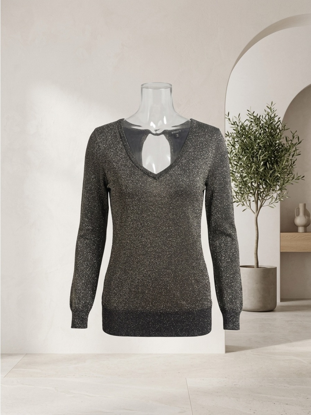 Dynamite Metallic Knit Sweater Top XS Black Gold Shimmer Open Keyhole Back Glam